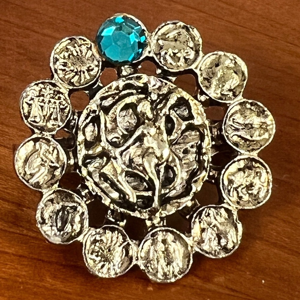 Vintage 70s Gold Tone Turquoise Rhinestone Astrology Medallion Hair Scarf Clip